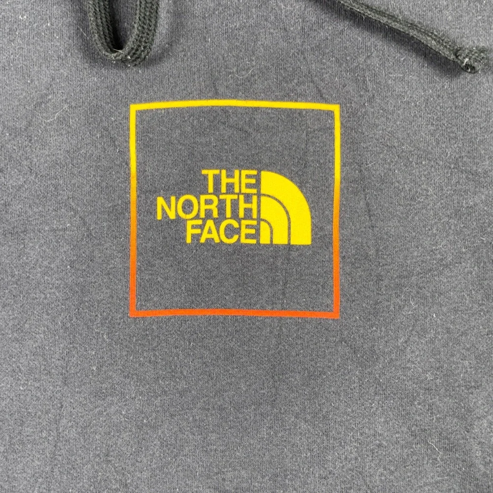The North Face Hoodie Mens M Black Yellow Orange Box Sleeve Spellout Outdoor